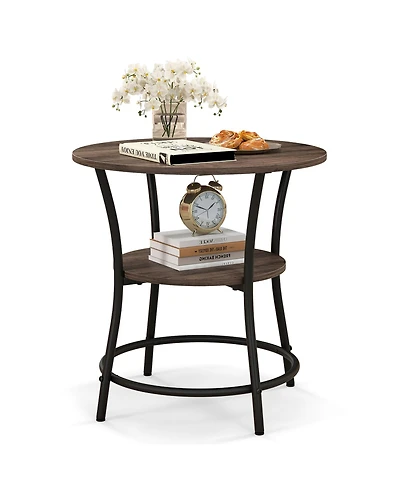 Gymax 2-Tier Side Table Compact Round Metal Frame Coffee Table w/ Open Shelf Brown