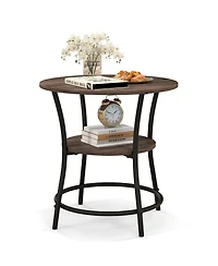 Gymax 2-Tier Side Table Compact Round Metal Frame Coffee Table w/ Open Shelf Brown