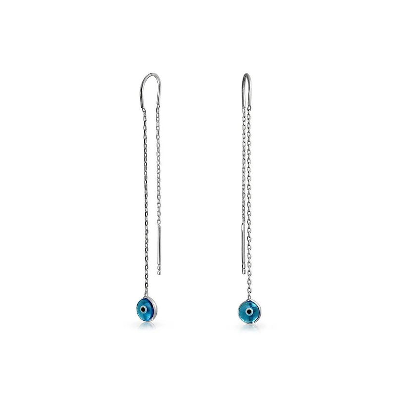 Bling Jewelry Blue Nazar Evil Eye Murano Glass Spiritual Thin Chain Threader Earrings .925 Sterling Silver