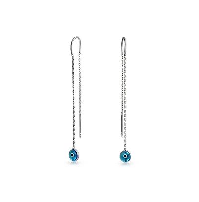 Bling Jewelry Blue Nazar Evil Eye Murano Glass Spiritual Thin Chain Threader Earrings .925 Sterling Silver