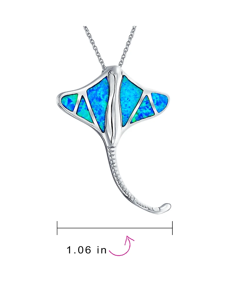 Bling Jewelry Large Nautical Ocean Blue Created Opal Inlay Stingray Pendant Necklace .925 Sterling Silver