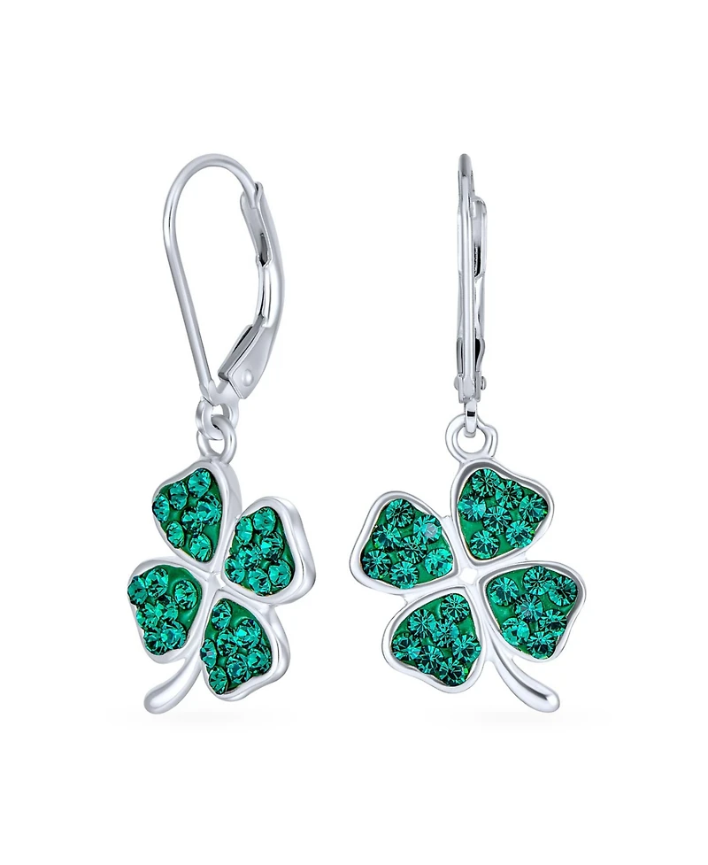 Bling Jewelry Celtic Irish Good Luck Sparkling Green Crystal Clover Shamrock Dangle Earrings Charm .925 Sterling Silver Lever back