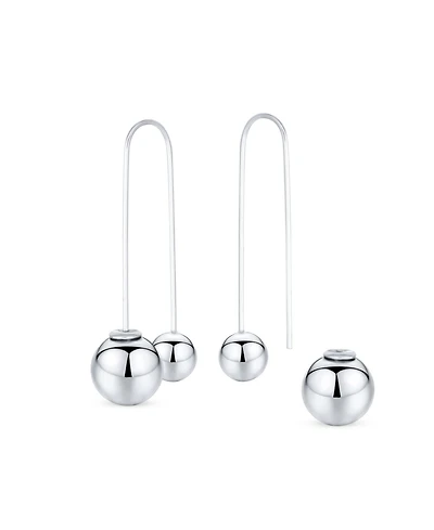 Bling Jewelry Geometric Linear Long Thin Ear Wire Staggered Drop Ear .925 Sterling Silver Double Bead Ball Threader Earrings 8,12 Mm Bead