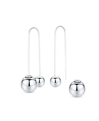 Bling Jewelry Geometric Linear Long Thin Ear Wire Staggered Drop Ear .925 Sterling Silver Double Bead Ball Threader Earrings 8,12 Mm Bead