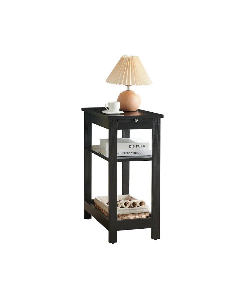 Kings Brand Furniture Slim Wood Side End Table with Storage Shelves & Pull-Out Tray, Nightstand for Bedroom, Living Room