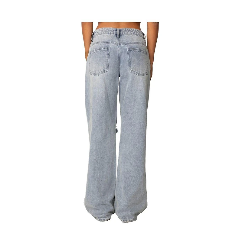 Edikted Womens Adam Distressed Wide Leg Jeans
