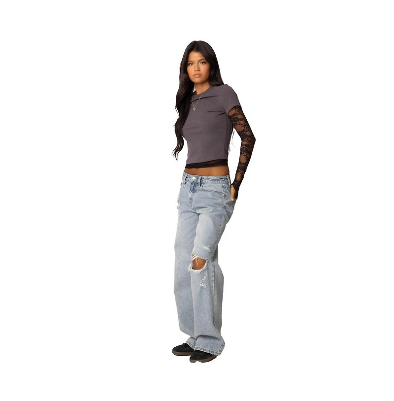 Edikted Womens Adam Distressed Wide Leg Jeans