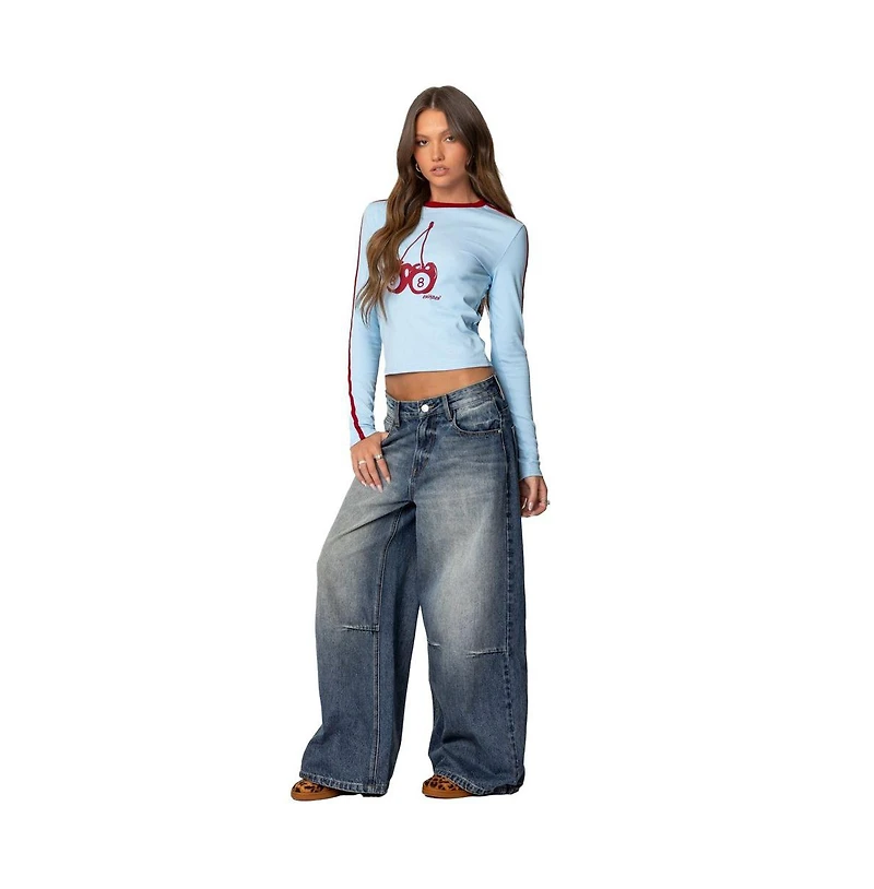 Edikted Womens Skater Girl Washed Low Rise Jeans