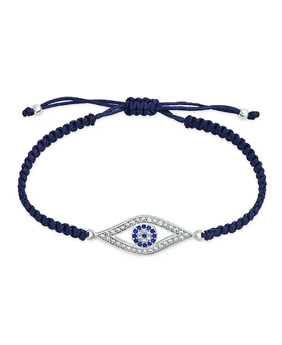 Bling Jewelry Turkish Blue Evil Eye Black Braided Cord Bracelet Cz Cubic Zirconia Accent .925 Sterling Silver Adjustable
