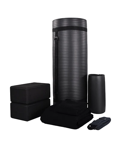 BalanceFrom Fitness 7 Piece Yoga Set with Mat, Stretch Strap, & Knee Pad, Black