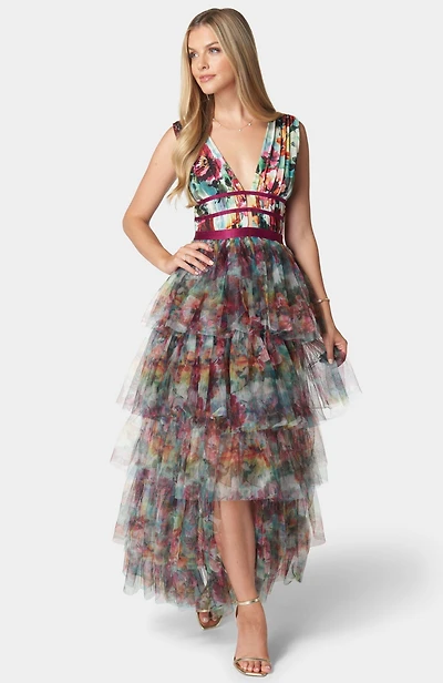 Bebe Women's Tiered High Low Gown