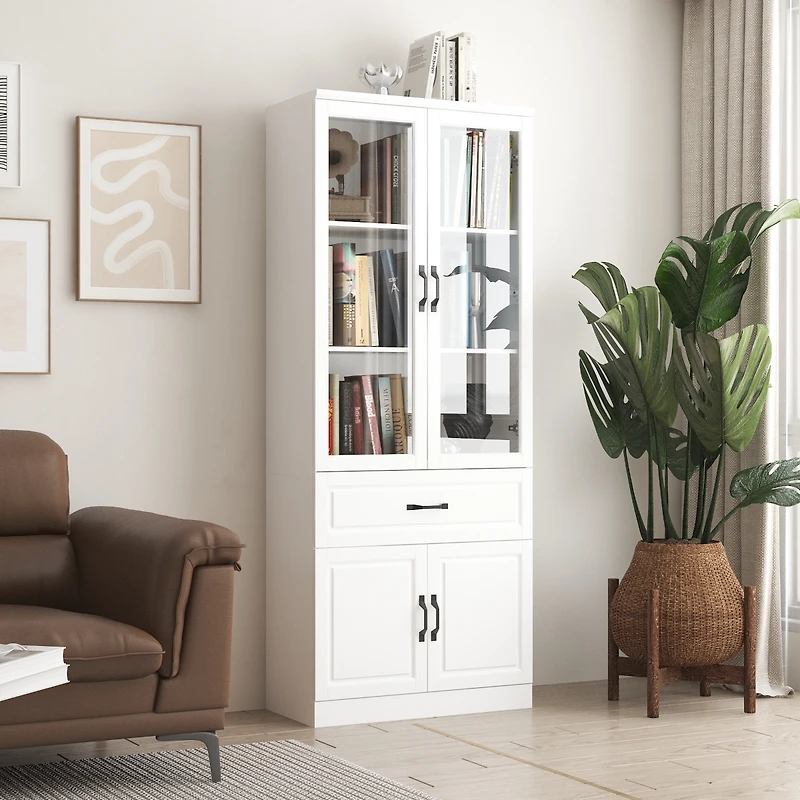 Famapy 4-Shelf White Wood Standard Bookcase With Doors, Cabinet, Drawer