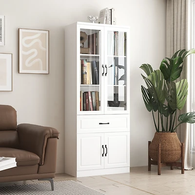 Famapy 4-Shelf White Wood Standard Bookcase With Doors, Cabinet, Drawer