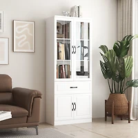 Famapy 4-Shelf White Wood Standard Bookcase With Doors, Cabinet, Drawer