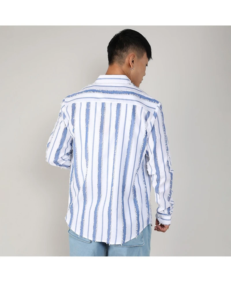 Campus Sutra Men's Sky Blue & Chalk White Striped Fringe Shirt