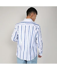 Campus Sutra Men's Sky Blue & Chalk White Striped Fringe Shirt
