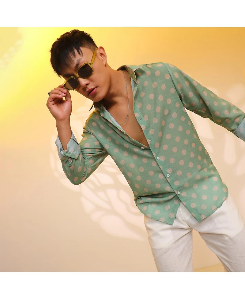Campus Sutra Men's Grass Green Polka Dot Shirt