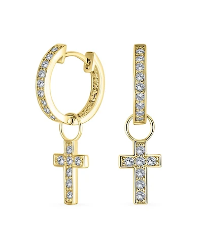 Bling Jewelry Tiny Cross Communion Kpop Huggie Dangle Chandelier Earrings Cz Hoop Set Gold Plated