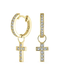 Bling Jewelry Tiny Cross Communion Kpop Huggie Dangle Chandelier Earrings Cz Hoop Set Gold Plated