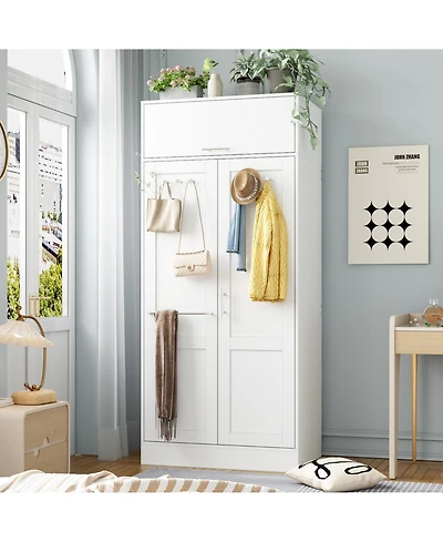 Famapy Bedroom Wardrobe Two-floor Space Armoire Closet Cabinet with Hooks