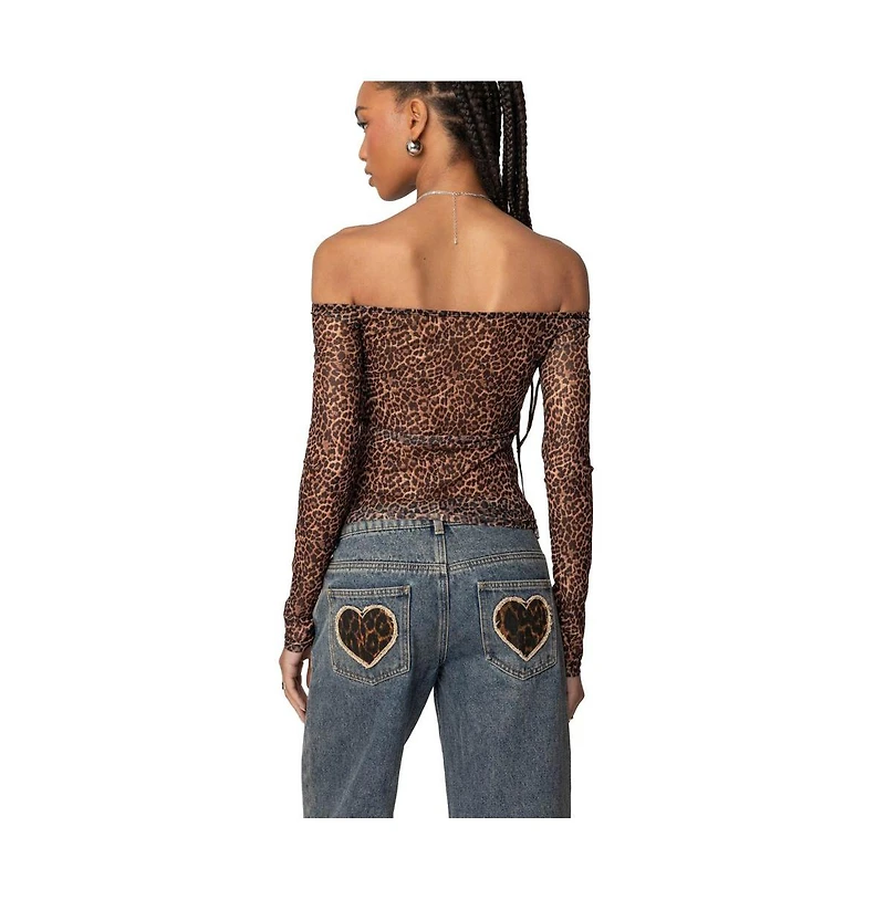 Edikted Womens Leopard Sheer Mesh Off Shoulder Top