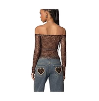 Edikted Womens Leopard Sheer Mesh Off Shoulder Top