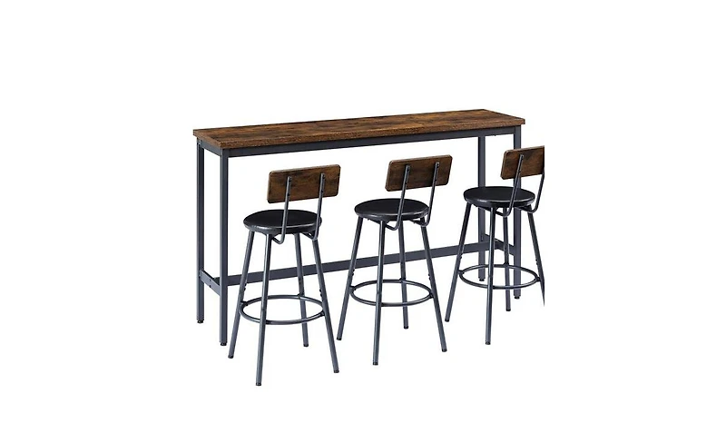 Long Bar Table Set with 3 Pu Leather Upholstered Bar Stools for Modern Home or Kitchen