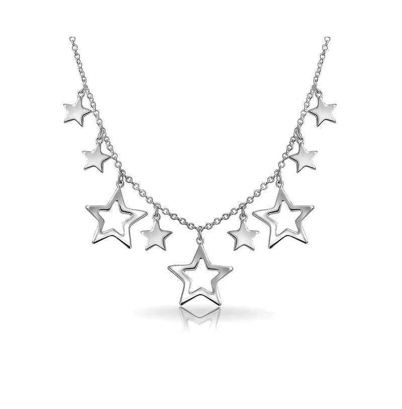 Bling Jewelry Celestial Usa Patriotic Multi Stars American Rock Open Dangle Star Bib Statement Collarbone Necklace .925 Sterling Silver