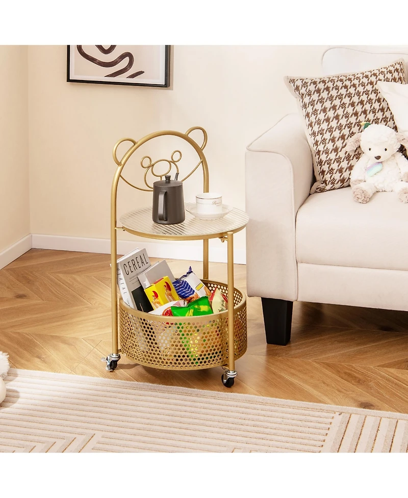 Gymax 2-Tier Mobile Glass Coffee Table w/ Bear Pattern Storage Basket Transparent & Golden