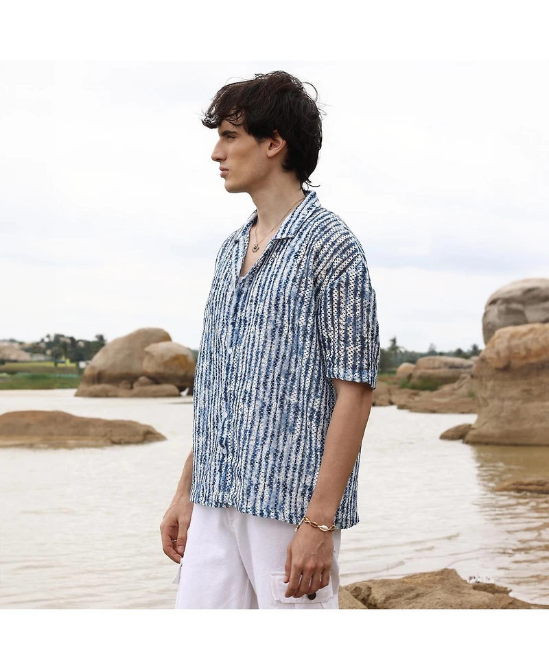 Campus Sutra Men's Navy Blue & Ivory White Ombre-Striped Oversized Shirt