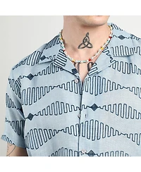 Men's Icy Blue Embroidered Geometric-Lined Shirt