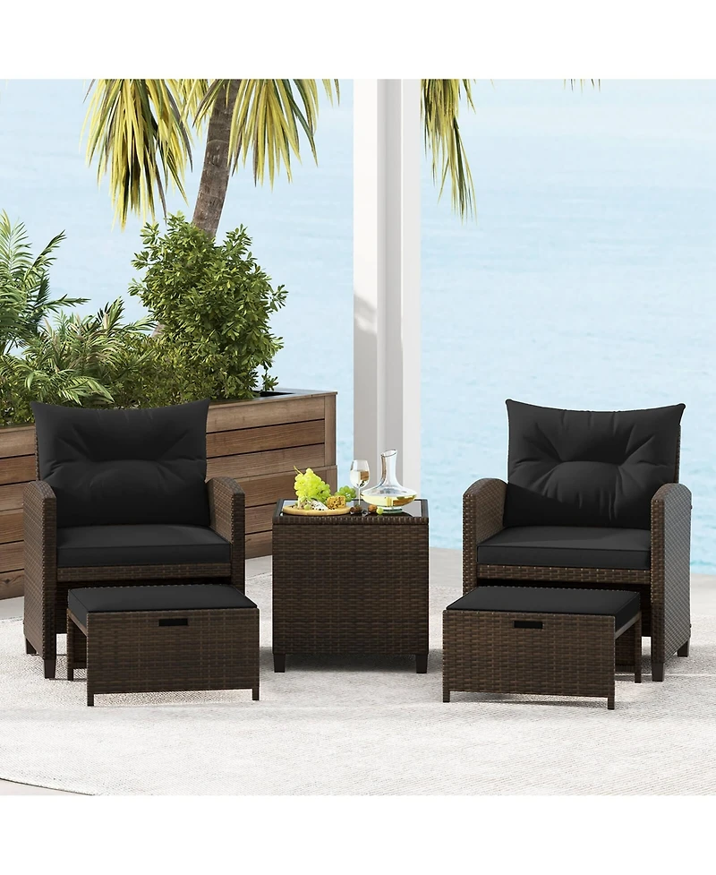 5 Piece Patio Rattan Furniture with 2 Ottomans & Tempered Glass Coffee Table
