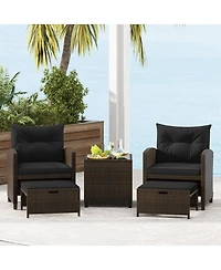5 Piece Patio Rattan Furniture with 2 Ottomans & Tempered Glass Coffee Table