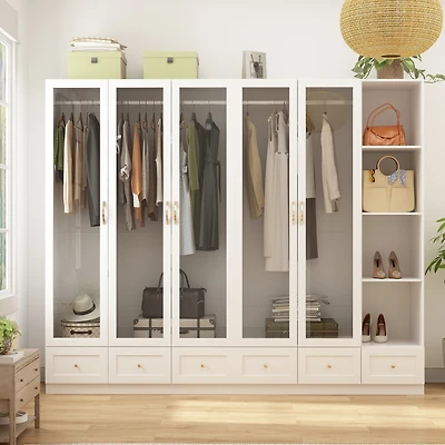 Famapy White Wood Glass Doors Armoires Wardrobe with Drawers, Open Shelves