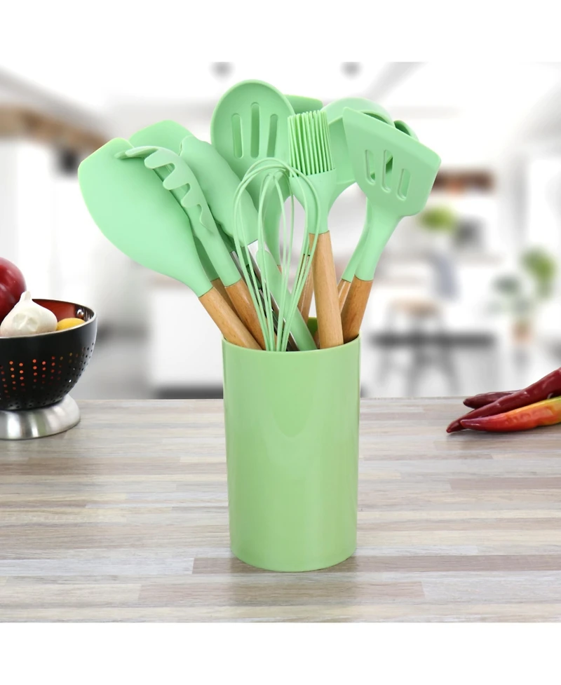 MegaChef Mint Green Silicone and Wood Cooking Utensils, Set of 12