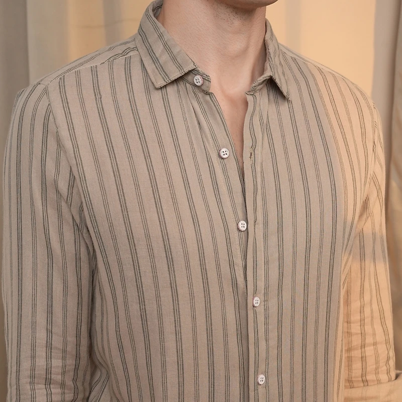 Men's Khaki Brown Halo-Striped Shirt