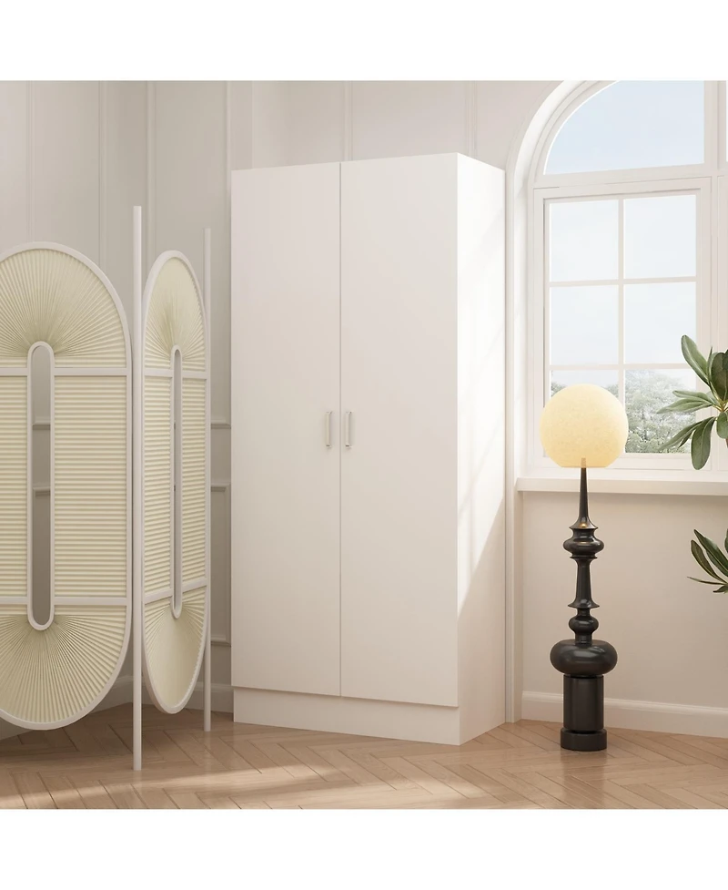 Famapy White 2-Doors Armoire Wardrobe with Hanging Rod and Storage Shelves