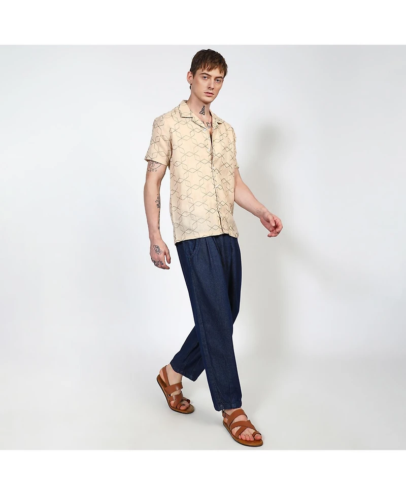 Campus Sutra Men's Beige Embroidered Geometric-Lined Shirt