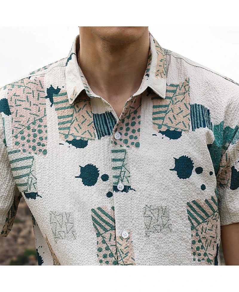 Men's Forest Green & Bone Beige Abstract Seersucker Shirt