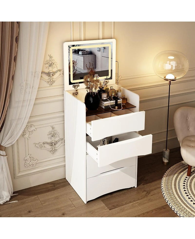 Homsee Led Light White Wood 3-Drawer Chest of Drawers with Flip-top Mirror