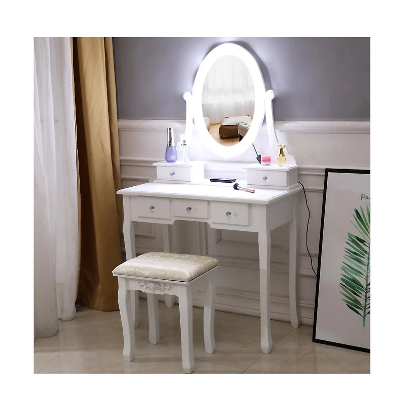 Slickblue 5-Drawer Dressing Table with Single Mirror and Light Bulbs Stylish Vanity for Makeup