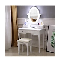 Slickblue 5-Drawer Dressing Table with Single Mirror and Light Bulbs Stylish Vanity for Makeup