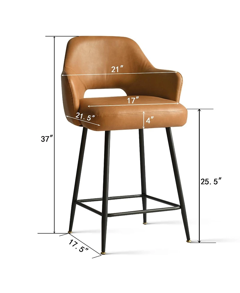 25.5" Armrest Faux Leather Counter Height Stools With Metal Legs(Set of 2)-Maison Boucle