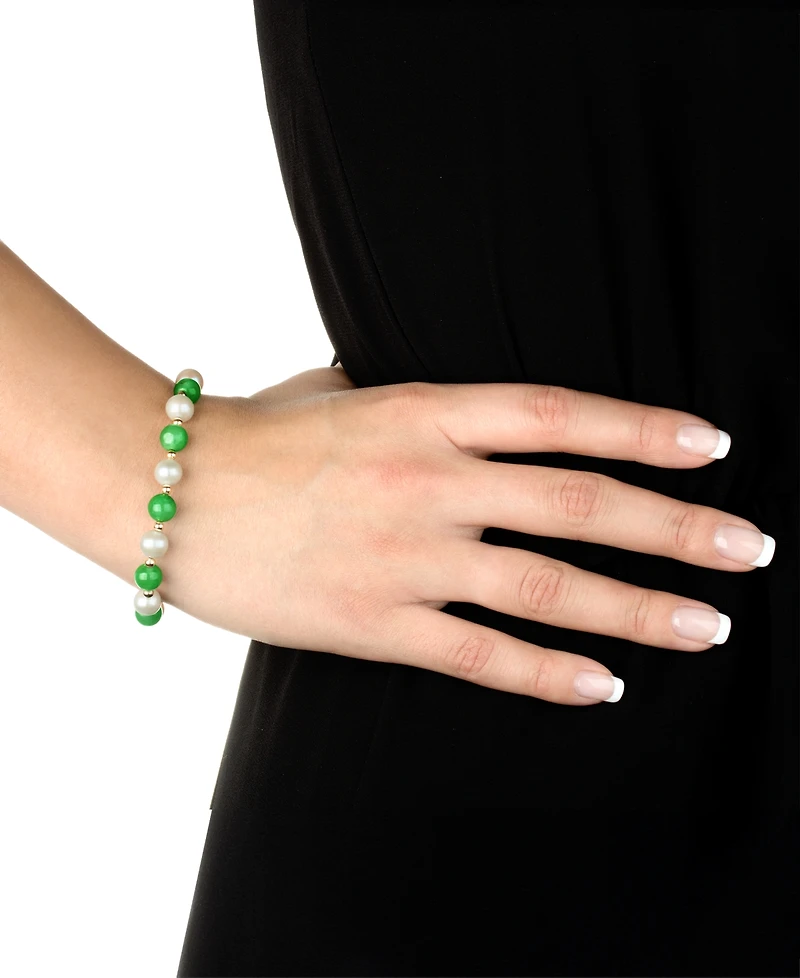 Dyed Green Jade & Freshwater Pearl (7-1/2 - 8-1/2mm) Beaded Bracelet in 10k Gold