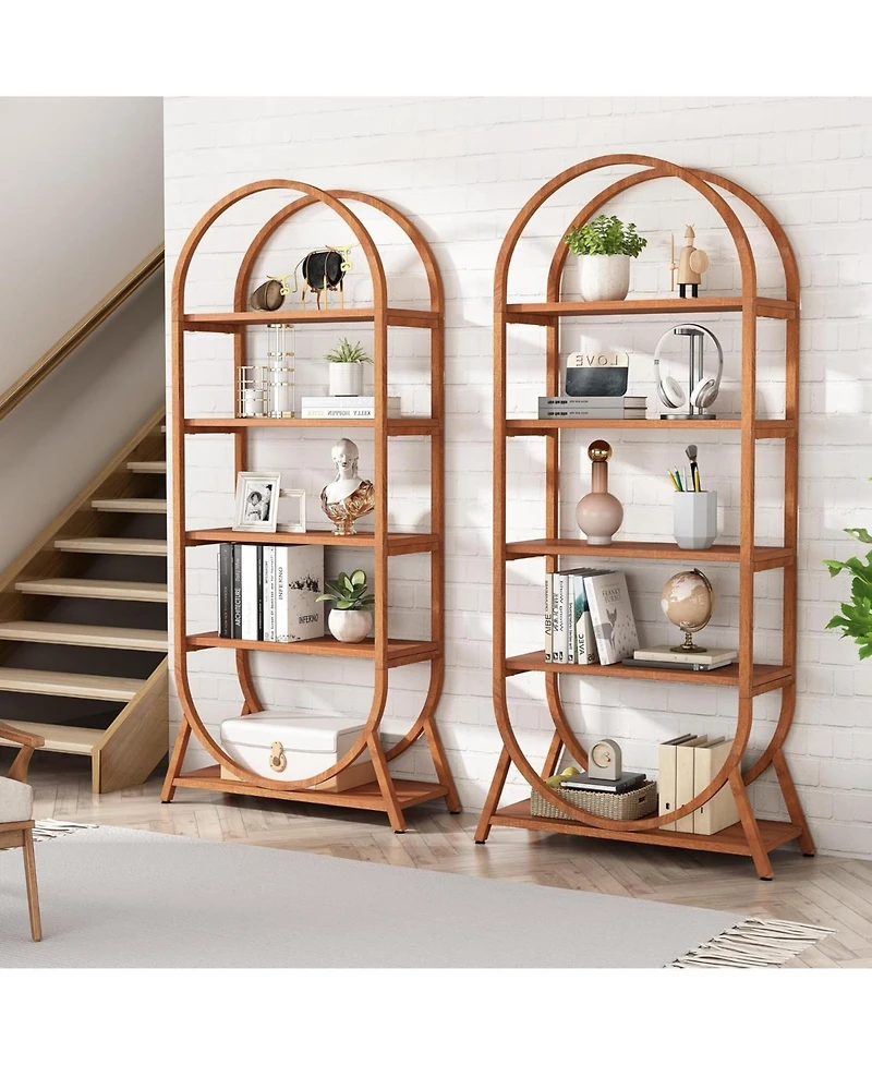 Tribesigns 5-Tier Open Bookshelf, 70.8" Tall Arched Bookcase, Modern Brown Metal Frame Storage Bookshelves, Freestanding Display Rack Shelving Unit fo