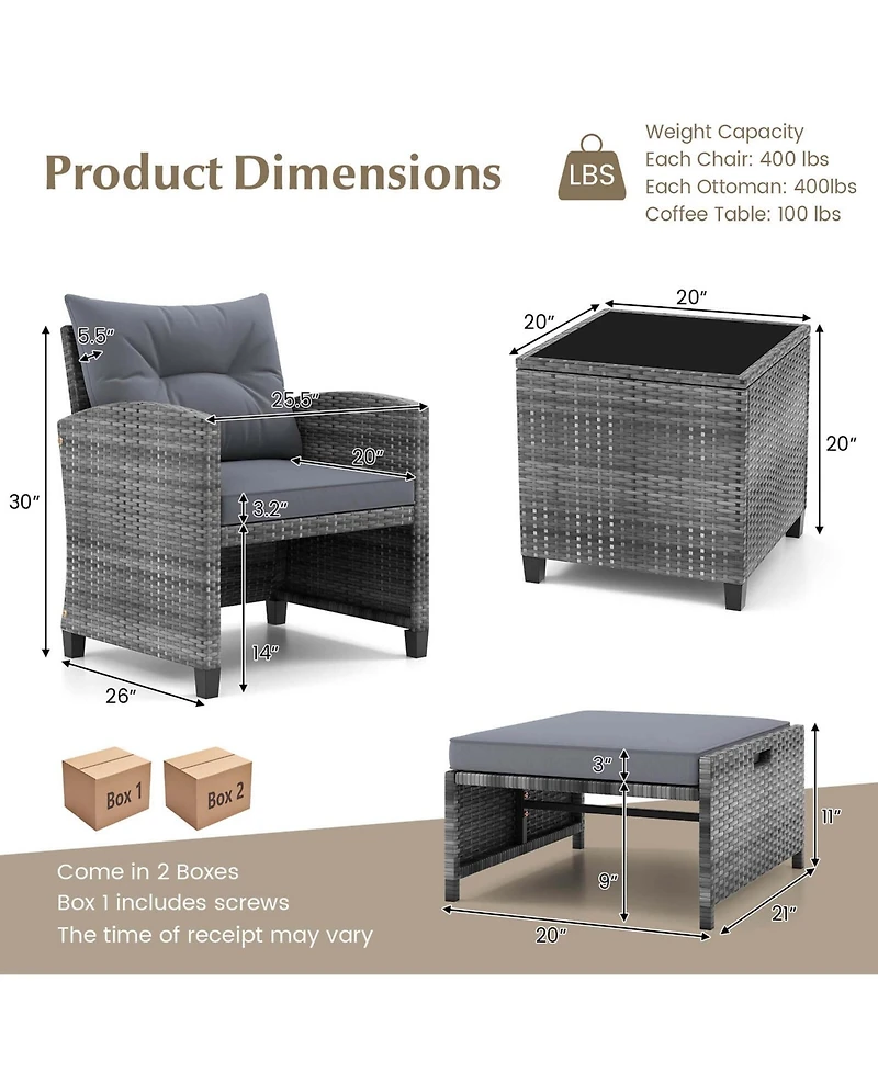 5 Piece Patio Rattan Furniture with 2 Ottomans & Tempered Glass Coffee Table