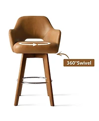 Maison Boucle 360° Swivel Armrest Faux Leather Counter Height Barstool Combine with Rubberwood Legs-Maison Boucle