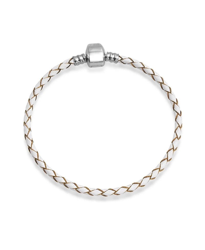 Bling Jewelry White Weave Braid Leather Starter Charm Fits European Beads Bracelet .925 Sterling Silver Barrel Clasp