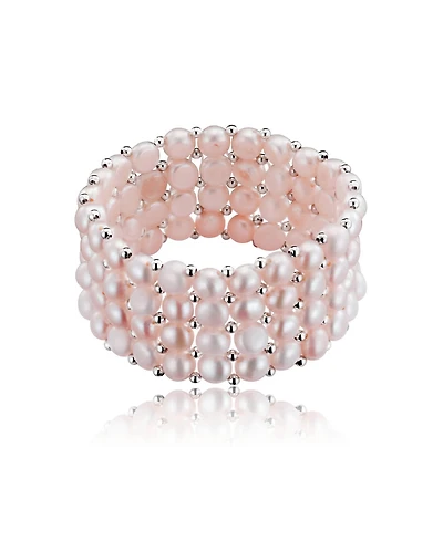 Sterling Silver Rhodium Plated White Cultured Five Row Bracelet