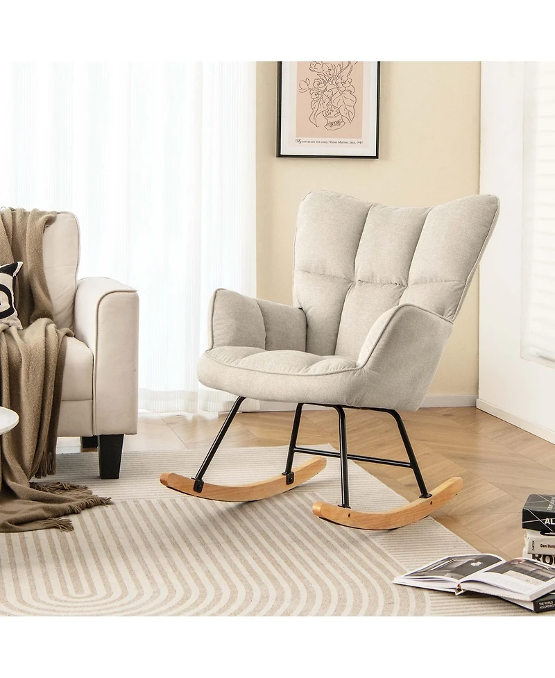 Linen Nursery Rocking Chair with High Backrest Padded Armrests & Seat for Nursery Light